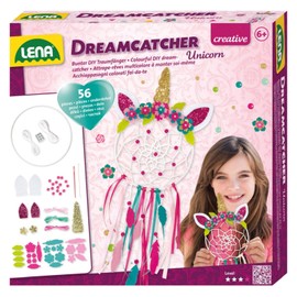 Lena 42701 Dreamcatcher Unicorn Craft Set, 56 Pieces, Complete Set for Dream Catcher Crafting with Ring, Coloured Ribbons & Cords, Plastic Needle, Beads and Fabric Flowers, Set for Children, Medium