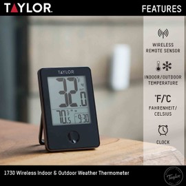 Taylor Wireless Digital Indoor Outdoor Thermometer, Black, LCD