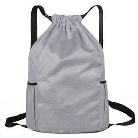Drawstring Bag, Unisex Large Sports Backpack String Drawstring PE Bags, Sport Gym Sack have Two Side Pockets, Travel Beach Swim School Bag with Waterproof (Grey)