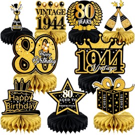 9 Pcs 80th Birthday Decoration for Men Women Happy 80th Birthday Honeycomb Centerpieces 80th Birthday Table Party Decorations Black and Gold Cheers to 80 Years Decor 1944 Birthday Party Favors
