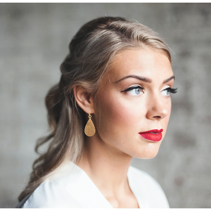 Small Damask Embossed Bronze Long Teardrop Earrings