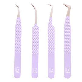 M LASH Tweezers for Eyelash Extensions (Set of 4) - Professional Lash Extension Tweezers - Fiber Tip, Japanese Steel, Diamond Grip Eyelash Extension Tweezer (Digital Lavender)