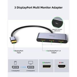 Divisor DisplayPort 1.4 de 3 puertos, divisor de monitor DisplayPort MST, adaptador múltiple DisplayPort a 3X DP, solo 8K, doble 4K 120Hz 60Hz y 1080p 60Hz MST Hub, solo Windows