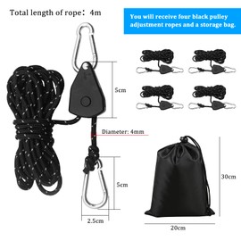 Pack of 4 4 m Reflective Guy Ropes with Rope Tensioner 4 mm Adjustable Rope Ratchet Windproof Outdoor Rope Ratchet Awning Tension Ropes Camping Rope with Tensioner for Camping Tents (Black)