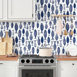 Fvlow Fishes Wallpaper Peel and Stick Blue Fish Contact Paper White Blue Floral Wallpaper Boho Waterproof Self-Adhesive Wall Covering for Bedroom Kitchen Countertop Desk Cabinets Decor 17.4" x 118"