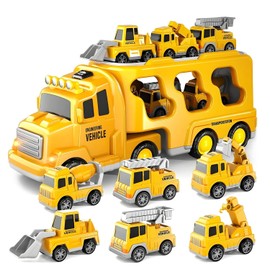 Camión de Juguete para Niño, 7 en 1 Camiones de Transporte de Inercia con Luz y Sonido con 5 Mini Coches y 1 Avión, Juguete Vehículo de Ingeniería (Vehículo de ingeniería)