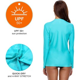 Charmo Ladies Zipper UV Protection Rash Vest Long Sleeve Athletic Rashguard Swimwear Tops Aqua/Navy L