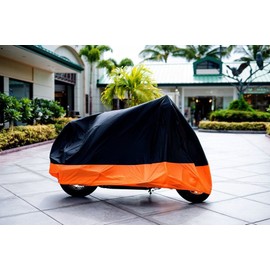 XYZCTEM Motorcycle Cover,All Season Black&Orange Waterproof Outdoor Sun Motorcycle Cover,Fits up to 108" Motors(XXL)
