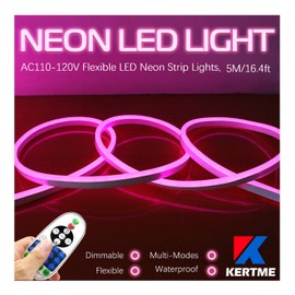 KERTME Neon Led Type AC 110-120V LED NEON Light Strip, Flexible/Waterproof/Dimmable/Multi-Modes LED Rope Light + 23 Keys Remote for Home/Garden/Building Decoration (16.4ft/5m, Pink)