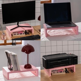 HAZCOVE Dual Pink Monitor Stand, Cute Monitor Stand, Computer Monitor Stand Riser for 2 Monitors/Laptop/PC Pink Computer Stand Wood for Desktop (1-Tier Pink)