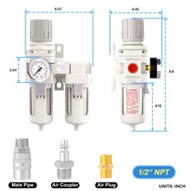 MEANLIN 1/2" NPT Air Drying System, Double Air Filters with 150 PSI Gauge and Valve Shut Off Switch for Plasma Cutter and Paint Spray, Manual Drain