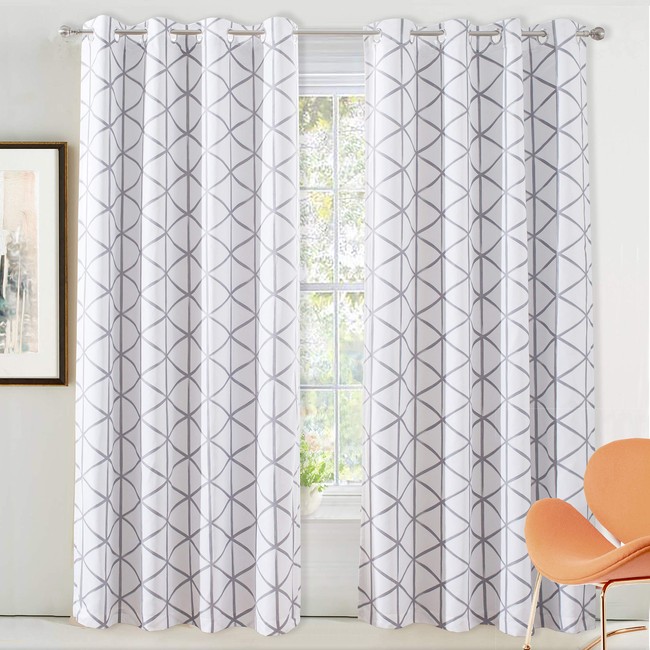 DriftAway Raymond Geometric Triangle Trellis Pattern Lined Thermal Insulated Blackout Grommet Energy Saving Window Curtains 2 Layers 2 Panels Each 52 Inch by 84 Inch Soft White and Gray
