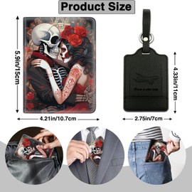 Passport Holder for Travel with Luggage Tag, PU Leather Passport Wallet with RFID Blocking for Women Men, Multi Card Slot Passport Cover Case, Black Woman and Skull Skeleton in Roses
