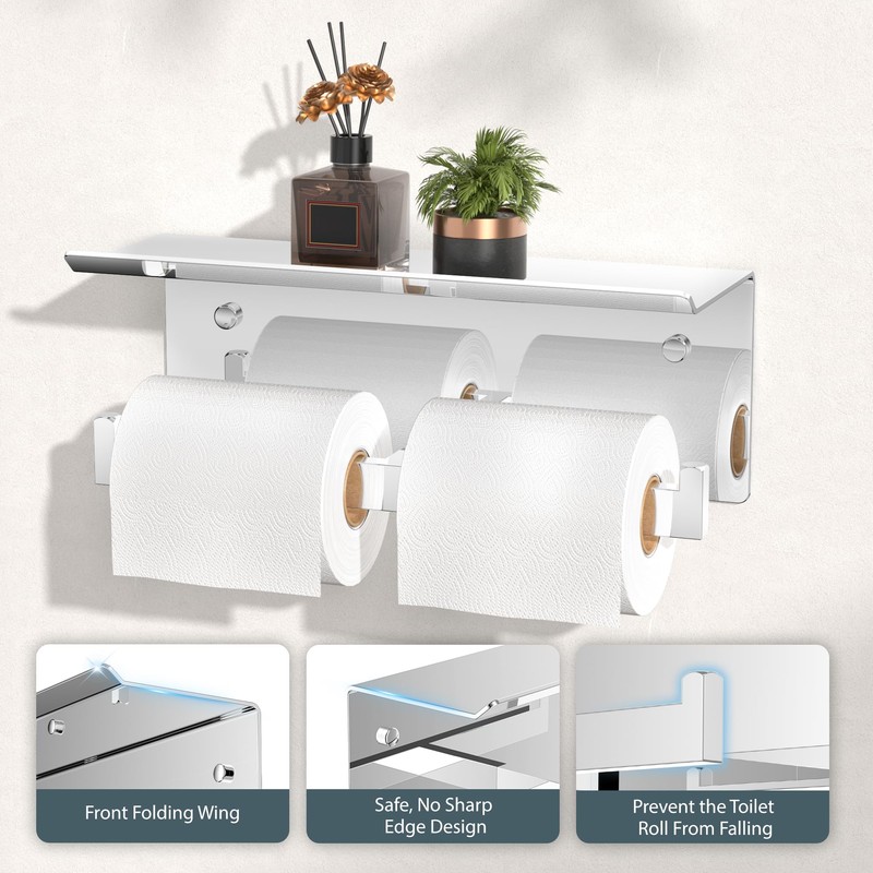 FORIOUS Toilet Paper Holder with Shelf, 304 Stainless Steel Wall