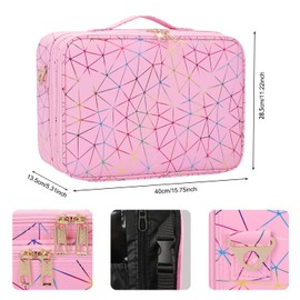 Professional Makeup Case Bag|3 Layers Large Capacity Cosmetic Organizer Brush Bag,Barber Train Case Makeup Artist Box,PU Leather Stylish Geometric Reflection Patterns Pink