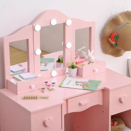 GarveeHome Kids Vanity Table Set LED Lights Princess Makeup Vanity Table Set Mirror Drawer
