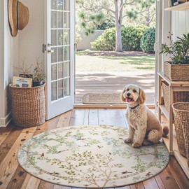 jinchan Round Rugs 5ft Ivory Botanical Birds Print Machine Washable 5' Circle Nature Plants Modern Soft Non Slip Throw Area Rugs Ultra Thin Low Pile Carpet for Entryway Bedroom Kitchen Kids Room