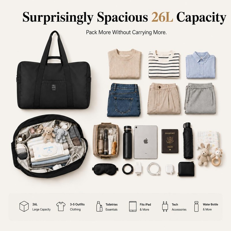 P.travel Foldable Travel Bag, Water-Resistant Lightweight Carry on Duffel Bag