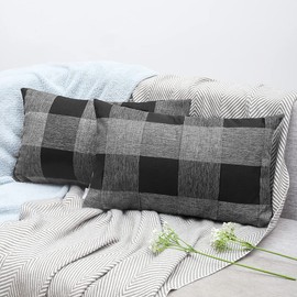 ORANIFUL Buffalo Check Cushion Covers 30 x 50 Set of 2 Linen Decorative Rectangular Tartan Throw Lumbar Pillow Case for Sofa Couch Bed Home Decor Car 12x20 Inches (Black & Grey)