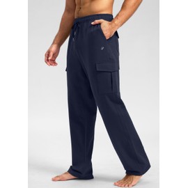 Pudolla Men's Cotton Sweatpants with Cargo Pockets Open Bottom Yoga Pants for Men Lounge Pants for Athletic Workout Casual(Navy XX-Large)