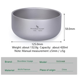 Boundless Voyage Titanium Double-Wall Bowl, 420ml, Modern Style, Round, Lightweight, Anti-Scalding, Suitable for Adults and Children, Outdoor and Daily Use