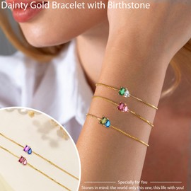 Birthstone Bracelets for Women, Dainty Gold Bracelet with Birthstone Birthday Gifts for Her Stocking Stuffers for Teens 14k Plated Adjustable Link Bracelet Anniversary Christmas Jewelry, Adjustable,