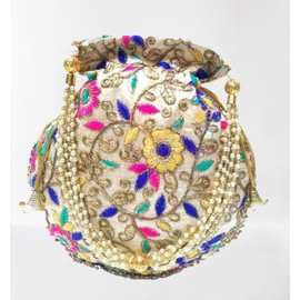 Pack of 5 Indian Ethnic Designer Embroidered Silk Potli Bag Batwa Pearls Handle Purse Clutch Purse for Women