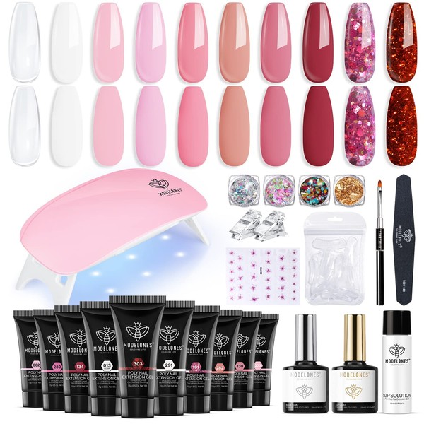 Modelones Poly Extension Gel Nail Kit with 6W Nail Lamp, 10 Colors Pink Red Glitter Poly Builder Nail Gel Complete Nail Art Accessories Tools All-in-one Kit Nail Art Design Gifts for Women