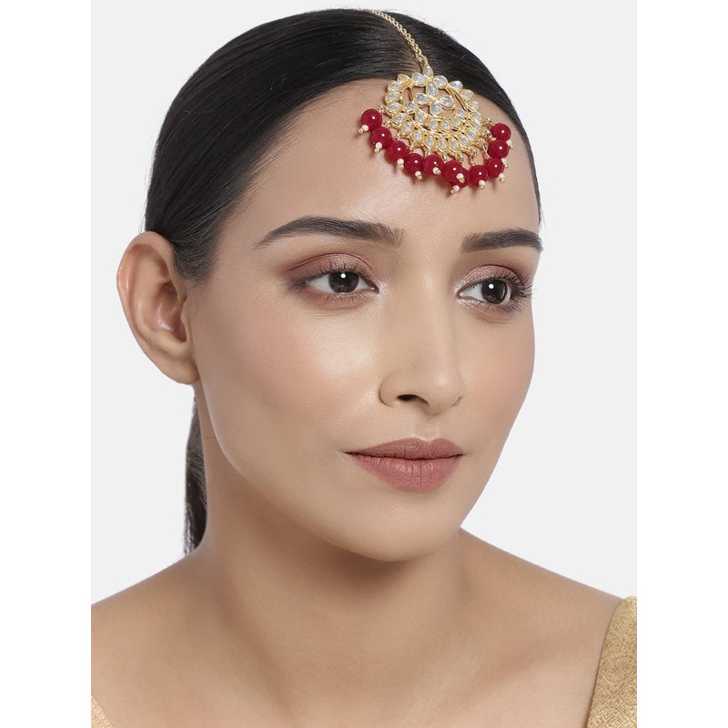 Aheli Faux Kundan Pearl Maroon Maang Tikka nupcial indio tradicional