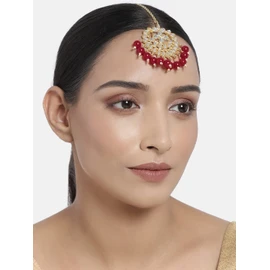 Aheli Faux Kundan Pearl Maroon Maang Tikka nupcial indio tradicional Bollywood conjunto de joyería para mujeres y niñas