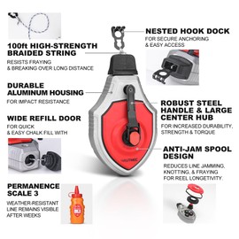 HAUTMEC Chalk Line, 30m/100ft Chalk Line Tool with Red Chalk, 6:1 Gear Ratio Reel, Chalk Box for Carpenters and Builders, HT0358