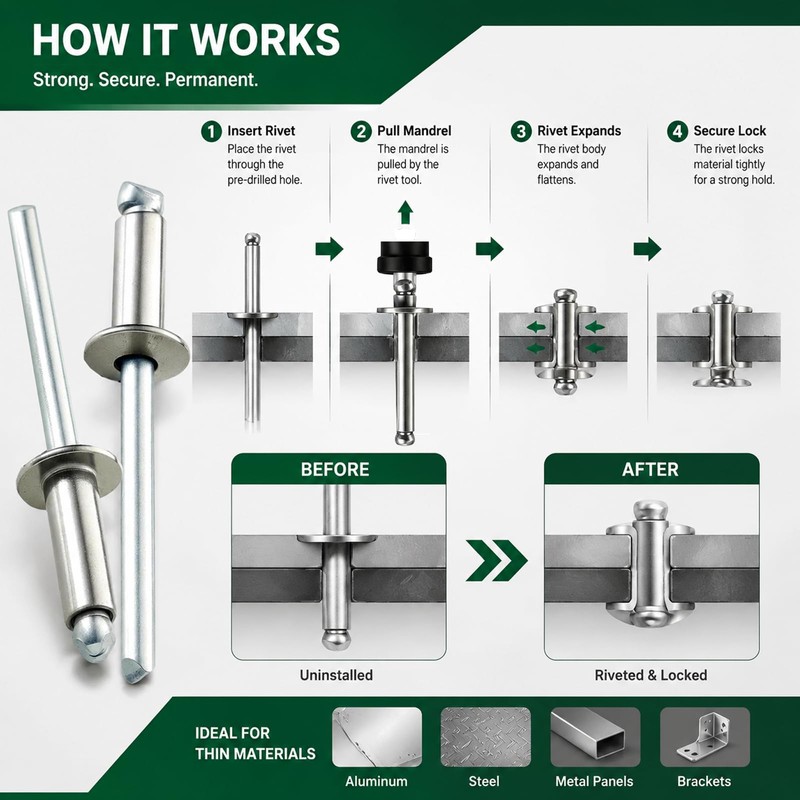 245PCS Aluminum Blind Rivets Assortment Kit, 8 Sizes M3.2-M6.4