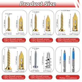 220pcs Self-Drywall Drilling Anchors with Screws, 5 Diferent Expansion Sizes Screw Set, Zinc Plated Steel Dry Wall Screws no Drilling Required, Easy to Install