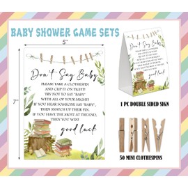 Storybook Don't Say Baby Game for Baby Shower, Pack of One 5x7 Sign and 50 Mini Natural Clothespins, Book Baby Shower Decoration, Gender Neutral Party Supplies - SC34