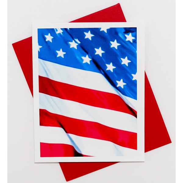 American Flag Photography Smooth Note Cards with Red Envelopes 8 Boxed Set (4.25"x 5.50") Blank Inside Made in USA Veteran Day, Politician, Memorial, Patriotism, Independence Day, Flag Day, Military, Graduation Day, July 4th, Farewell, Invitations, Sympa