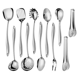 304 Stainlss Steel Kitchen Utensils Set, 11 Pcs Long Metal Cooking Utensil Gadgets Tools Set with Spatula, Spoon, Ladle, Skimmer, Tunner, Pasta Server, Tongs(Mirror Polished, Dishwasher Safe)
