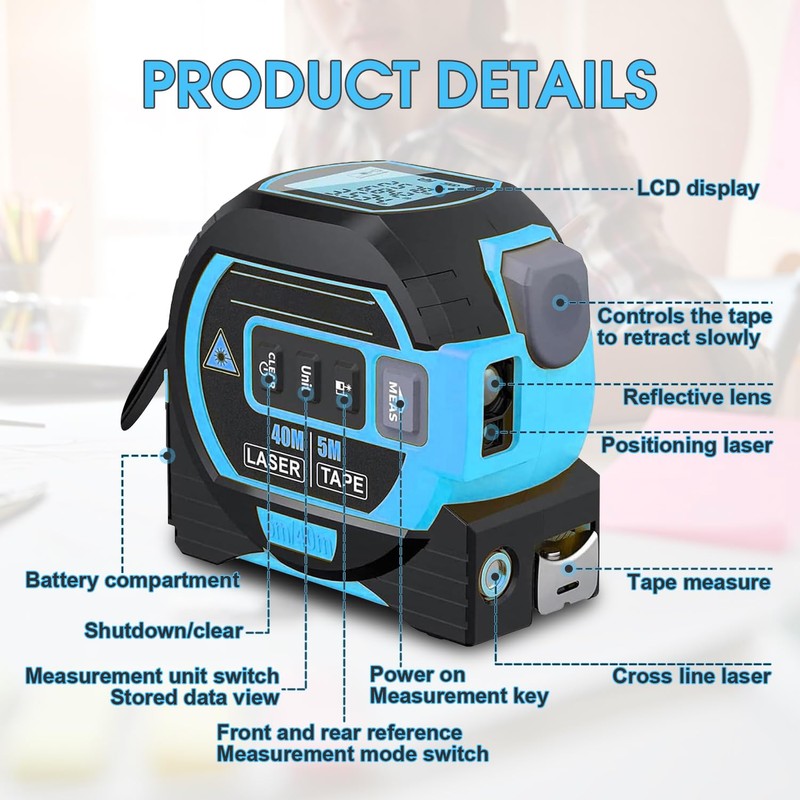 Chamgeco Almighty Ruler Laser Rangefinder, 3-in-1 Infrared Laser Tape Measure,