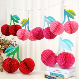 Sonwyoung Cherry Birthday Party Decorations Hanging Paper Honeycomb Cherry Table Centerpieces Paper Lanterns for Ceiling Fruit Party Decor (Red,Hot Pink,Pink)