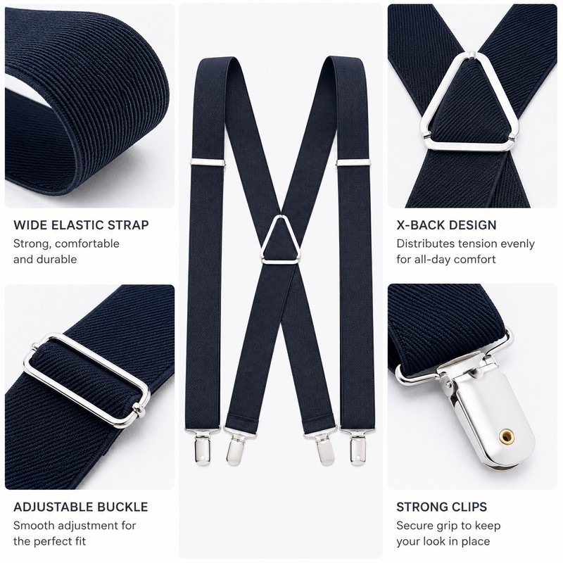 Heavy Duty Suspenders for Men – Adjustable 2-Inch Elastic X-Back
