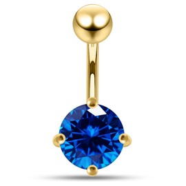 Gold Plated Dark Blue 10mm Round Cz Gemstone Design 925 Sterling Silver with Stainless Steel Belly Ring - Belly Button jewelry - Navel jewelry