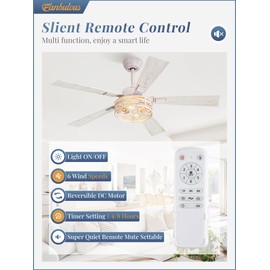 Farmhouse Ceiling Fans with Light, 48 Inch Bedroom Ceiling Fan with Lights, 6-Speed Adjustable, Quiet and Reversible DC Motor, 5 Dual Finish Blades, Rustic Caged Ceiling Fan，White and Gold Color