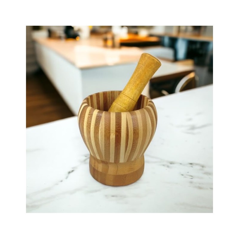 Wooden Mortar with Pestle Wide Stripes