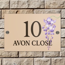Badgemaster Modern Desert Beige House Number Sign Plaque Stainless Steel Standoffs 20cm x 13cm Blue Flower