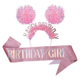 FAMULP Hair Loop Birthday Headband for Girls, Happy Birthday Princess Sash(pink)