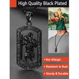 FaithHeart St Christopher Dog Tag Necklace, Christian Jewellery Black Plated Saint Christopher Protect Us Pendant Stainless Steel Pocket Token for Man Son
