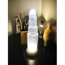 ProHome Selenite Crystal White Light USB LED Lamp Wooden Base Natural Selenite Spiritual Energy Healing Meditation Recharge Crystal Mountain Tower Lamp Home Decoration Gift (30cm)