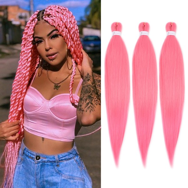 WacanDan Pink Braiding Hair Pre stretched 26 Inch 3 Packs,