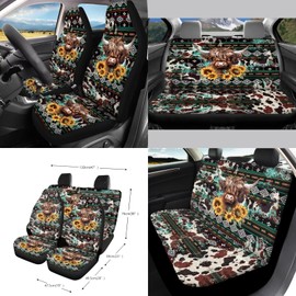 Wanyint Aztec Highland Cow Sunflower Car Seat Cover Seat Protector 15 PCS, with Steering Wheel Cover Seat Belt Pad Garbage Bag Air Vent Bag Rearview Mirror Cover Coasters Key Chain Universal Fit