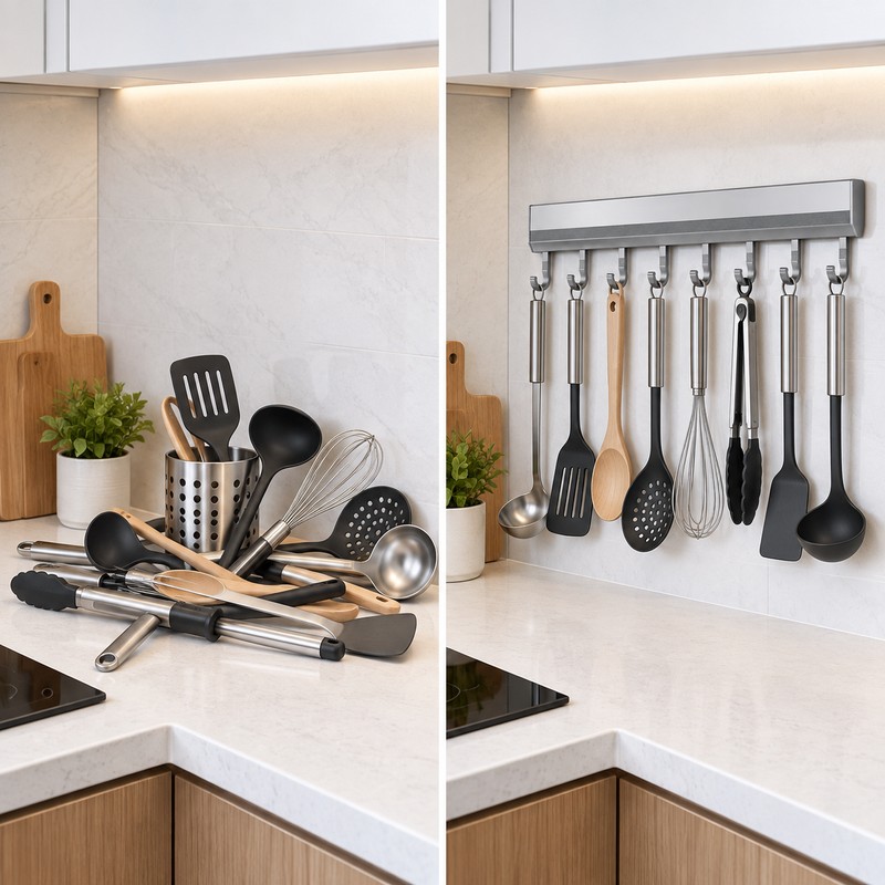 Aluminum Alloy Wall Mounted Kitchen Storage Rack with Hooks, Multi-Function