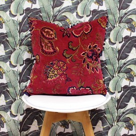 Riva Paoletti Malisa Square Cushion Cover - Pomegranate Red - Paisley Indian Print - Faux Velvet Fabric - Blue Pompom Edges - Machine Washable - 100% Cotton - 50 x 50cm (20" x 20" inches)